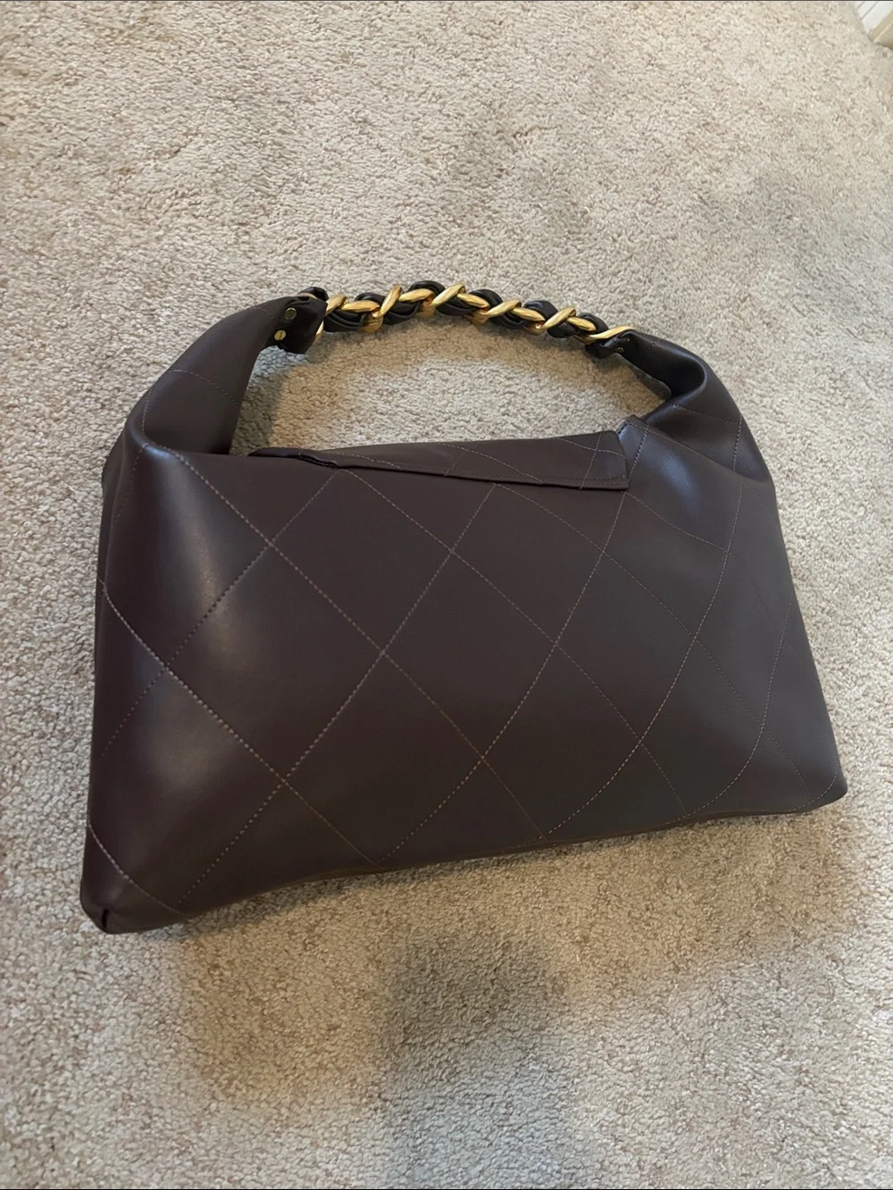 UNBRANDED Dark Brown Quilted Leather Shoulder Bag with Gold Chain